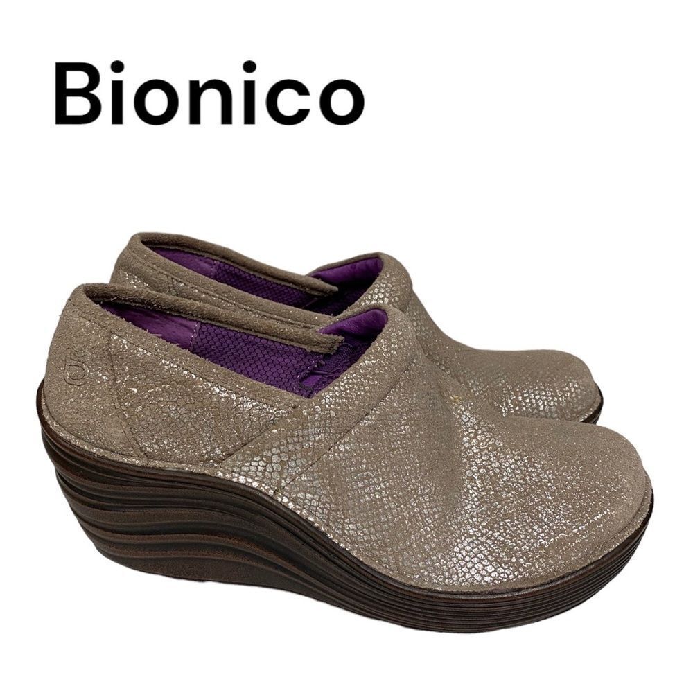 Bionico Women's Leather Metallic Slip On Wedge Clogs 7.5